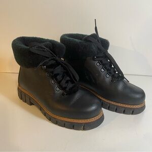 Oscar Sport Hiker Black Leather Moto Boots Green Fur Cuff Italy Size 37/6-6.5